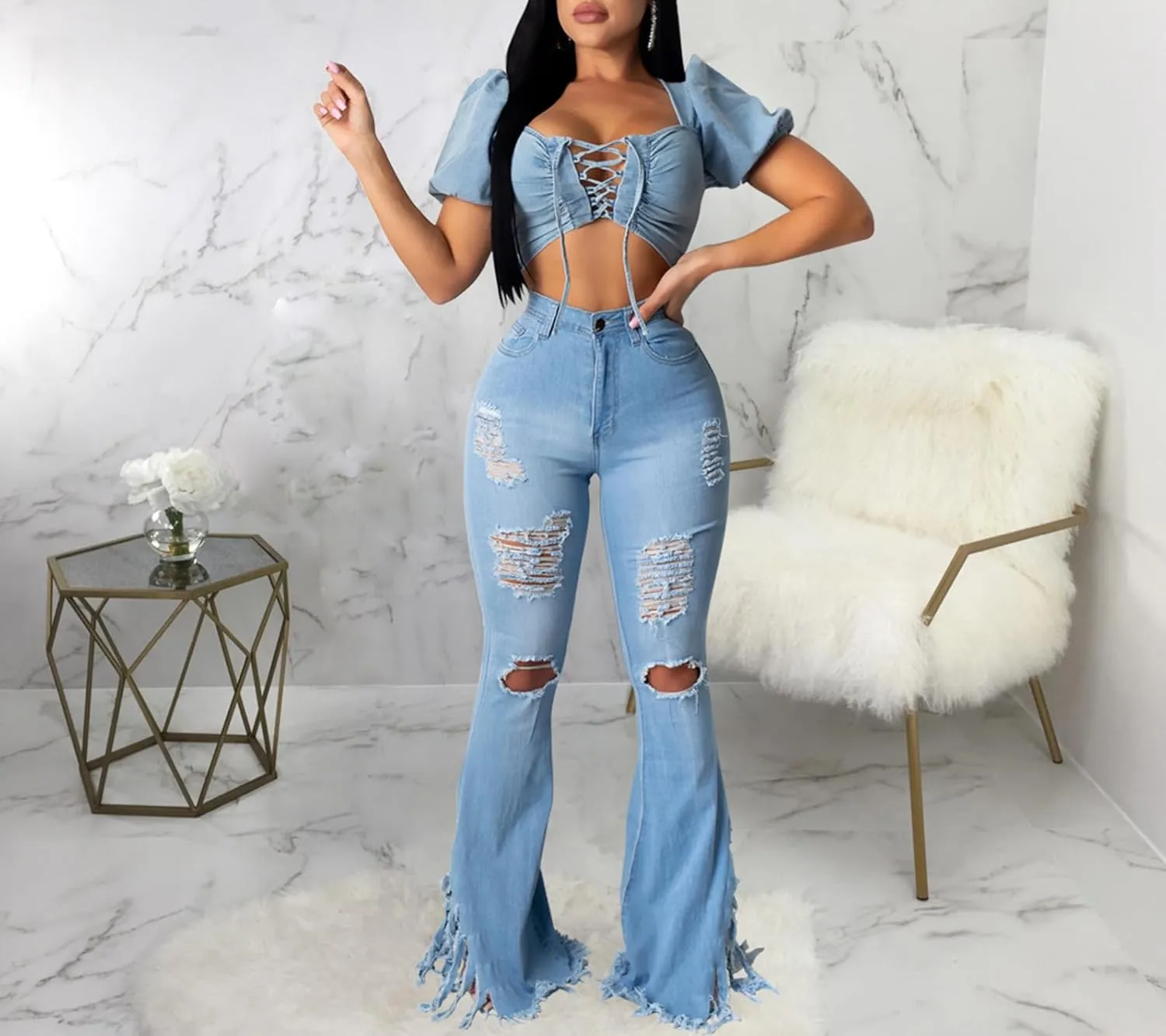 70s Bell Bottom Jeans for Women Elastic High Waisted Raw Hem Denim Pants Classic Vintage Flared Jeans