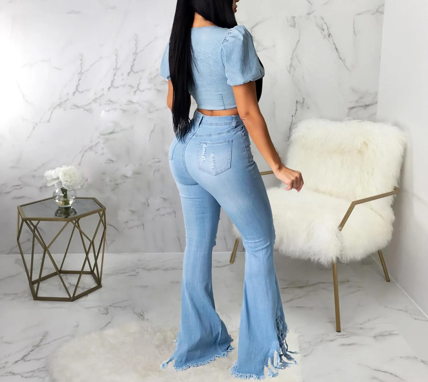 70s Bell Bottom Jeans for Women Elastic High Waisted Raw Hem Denim Pants Classic Vintage Flared Jeans