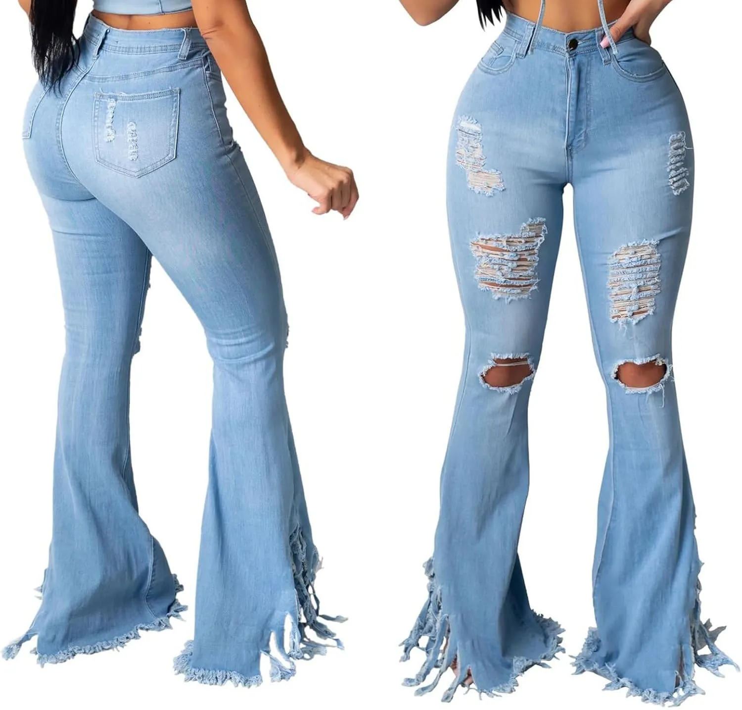 70s Bell Bottom Jeans for Women Elastic High Waisted Raw Hem Denim Pants Classic Vintage Flared Jeans