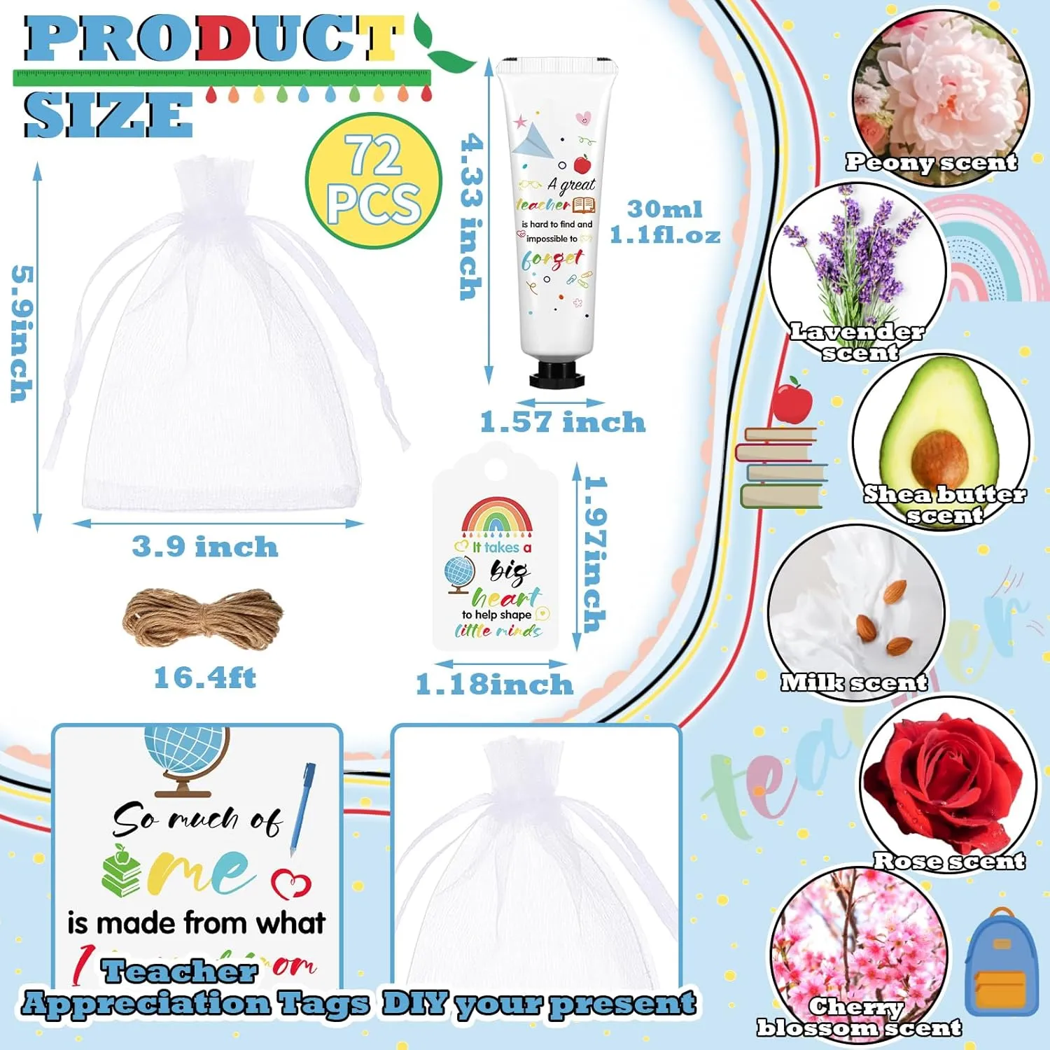 72 Set Teacher Appreciation Gifts in Bulk Hand Cream Set Moisturizing Hand Lotion Thank You Teacher Gifts Travel Size with Cards Organza Bags for Dry Cracked Mother's Day