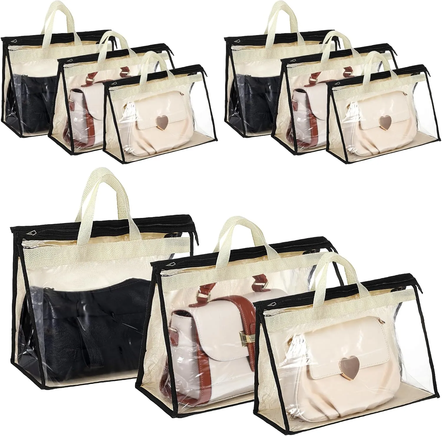 9 Pcs Clear Dust Bags for Handbags, 3-Sizes Purse Storage Organizers with Zippers and Handles, Hanging Handbag Storage, Dust-proof Purse Protectors, Gift for Mother Wife Sister Girlfriend-Light Yellow