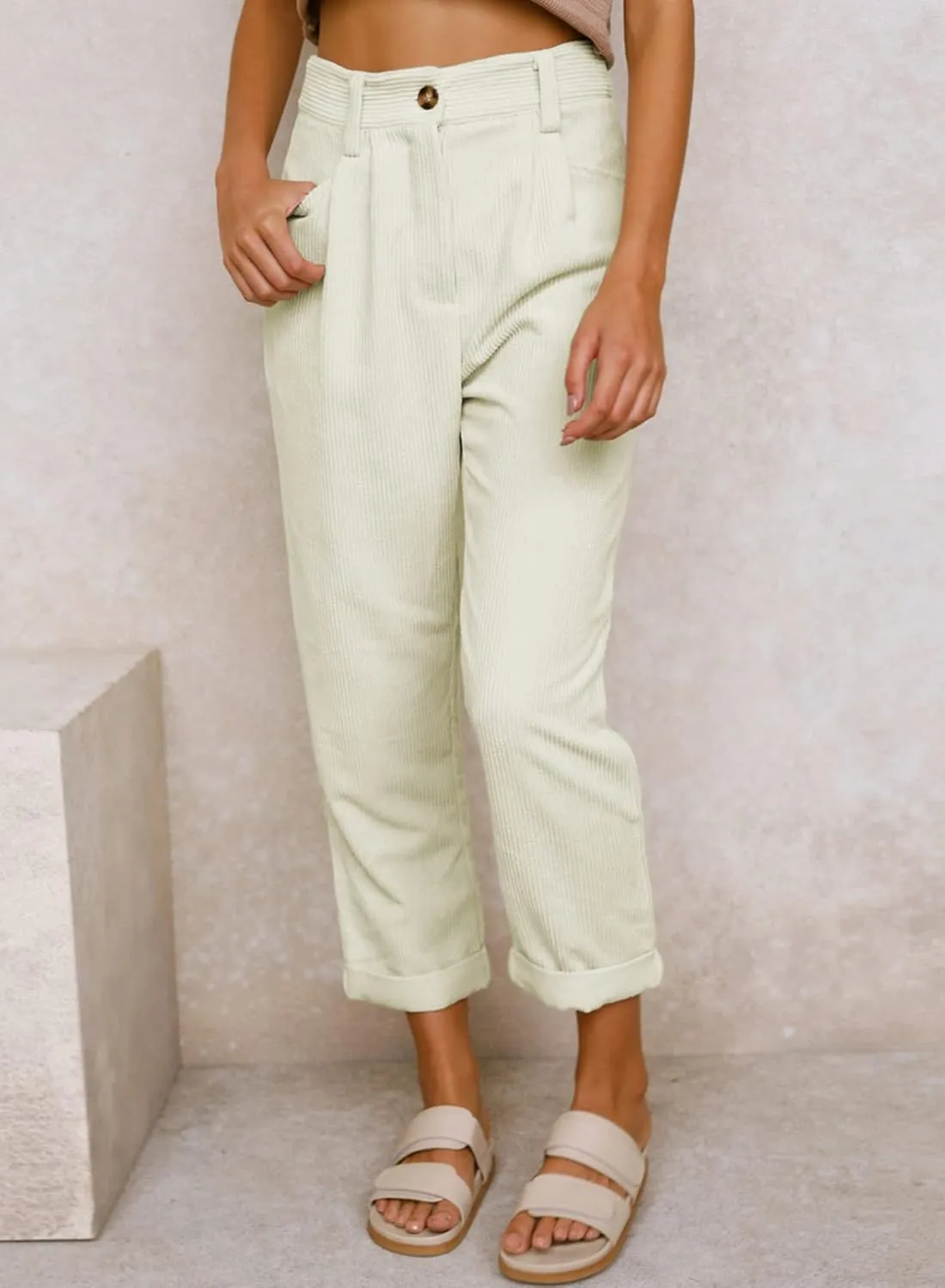 Acelitt Womens Elastic Waist Straight Leg Corduroy Pants with Pockets, S-2XL