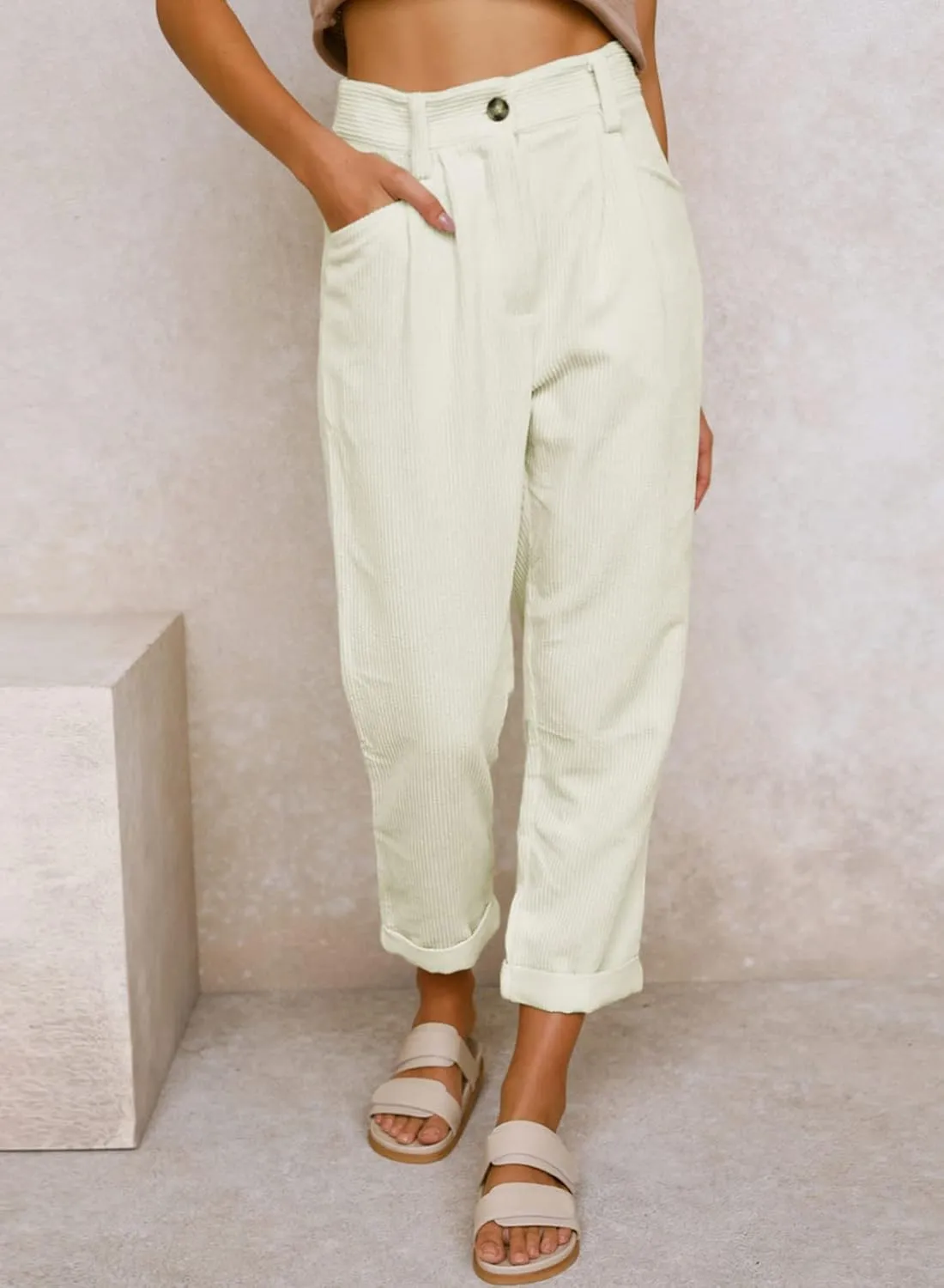Acelitt Womens Elastic Waist Straight Leg Corduroy Pants with Pockets, S-2XL