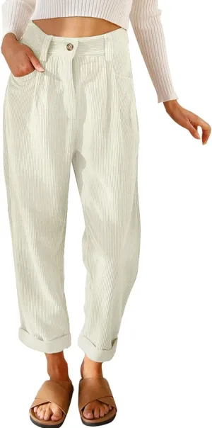 Acelitt Womens Elastic Waist Straight Leg Corduroy Pants with Pockets, S-2XL
