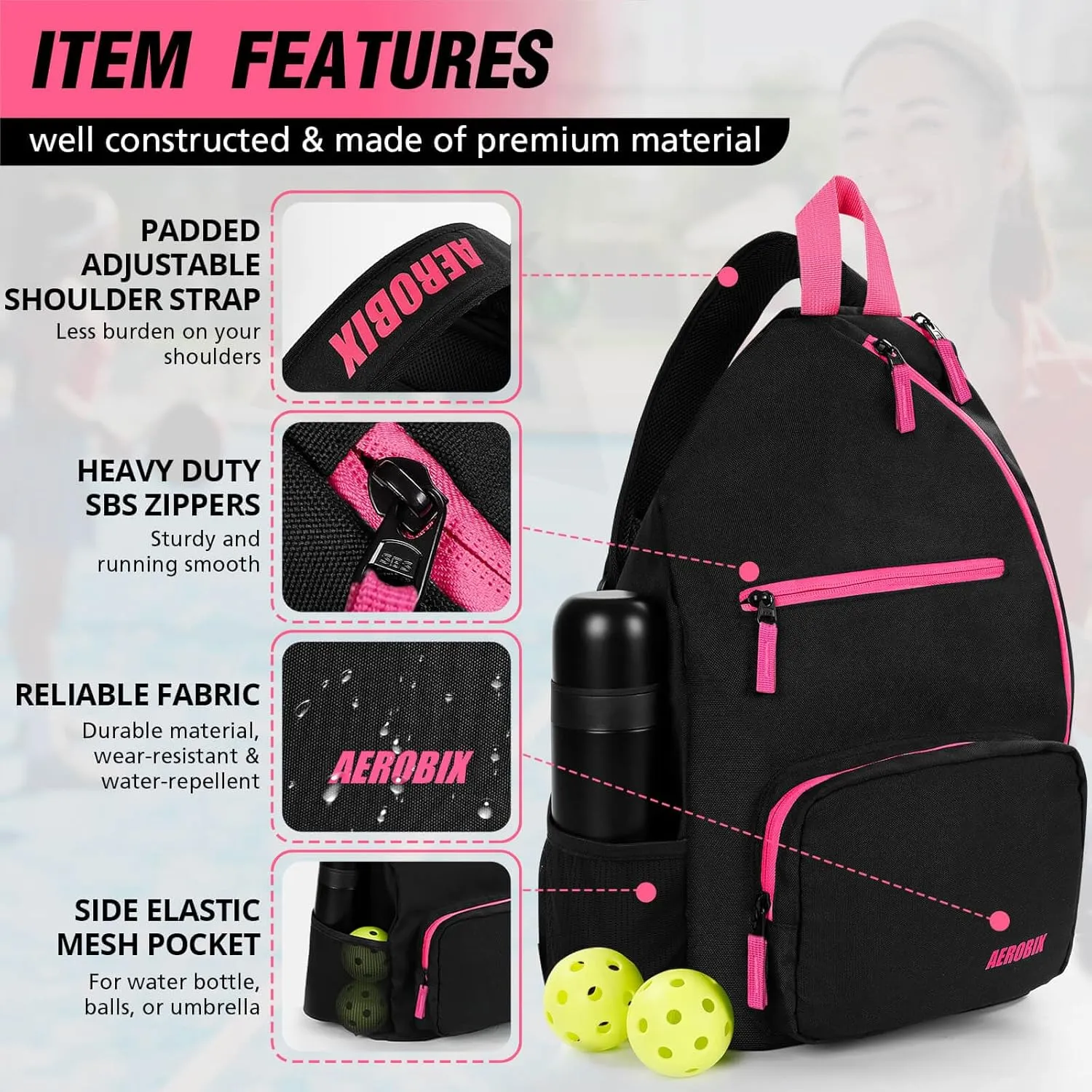 AEROBIX Pickleball Bag for Women & Men, Pickle Ball Backpack - Upgraded Zippers, Large Capacity, Padded Paddle Pocket, Adjustable Sling Bag (No Accessories)