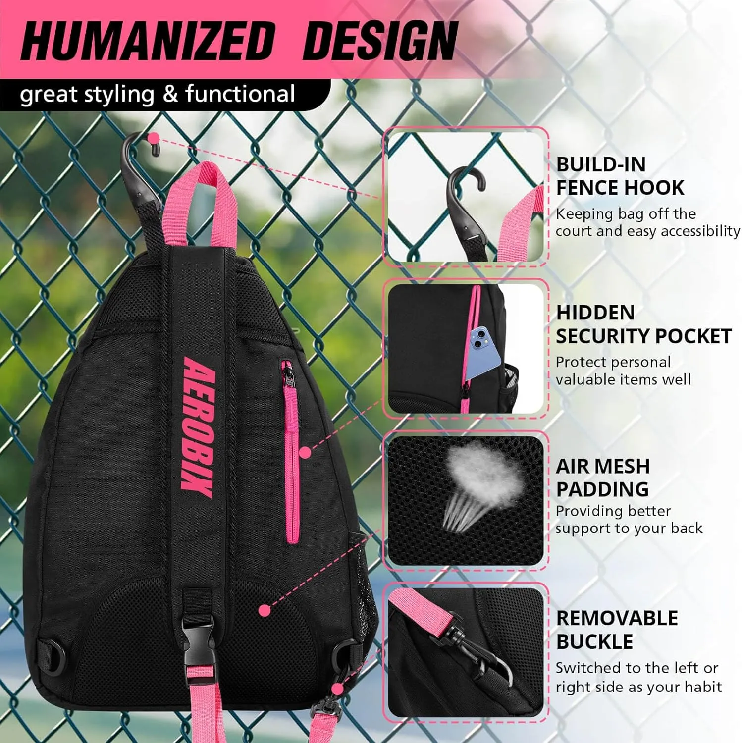 AEROBIX Pickleball Bag for Women & Men, Pickle Ball Backpack - Upgraded Zippers, Large Capacity, Padded Paddle Pocket, Adjustable Sling Bag (No Accessories)