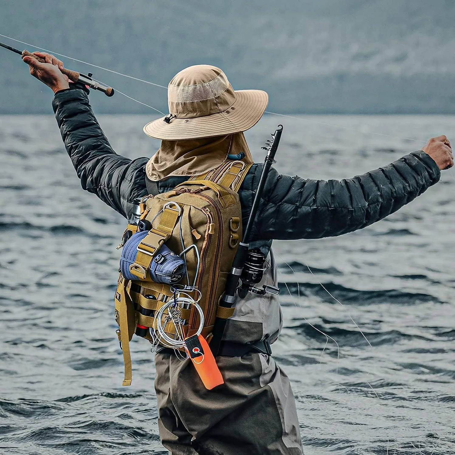 Aertiavty Fishing Backpack, Fishing Bag with Tackle Box, Compact Fishing Tackle Bag, Fishing Tackle Backpack with Rod Holder for Outdoor Sport Fishing Gifts for Men Women
