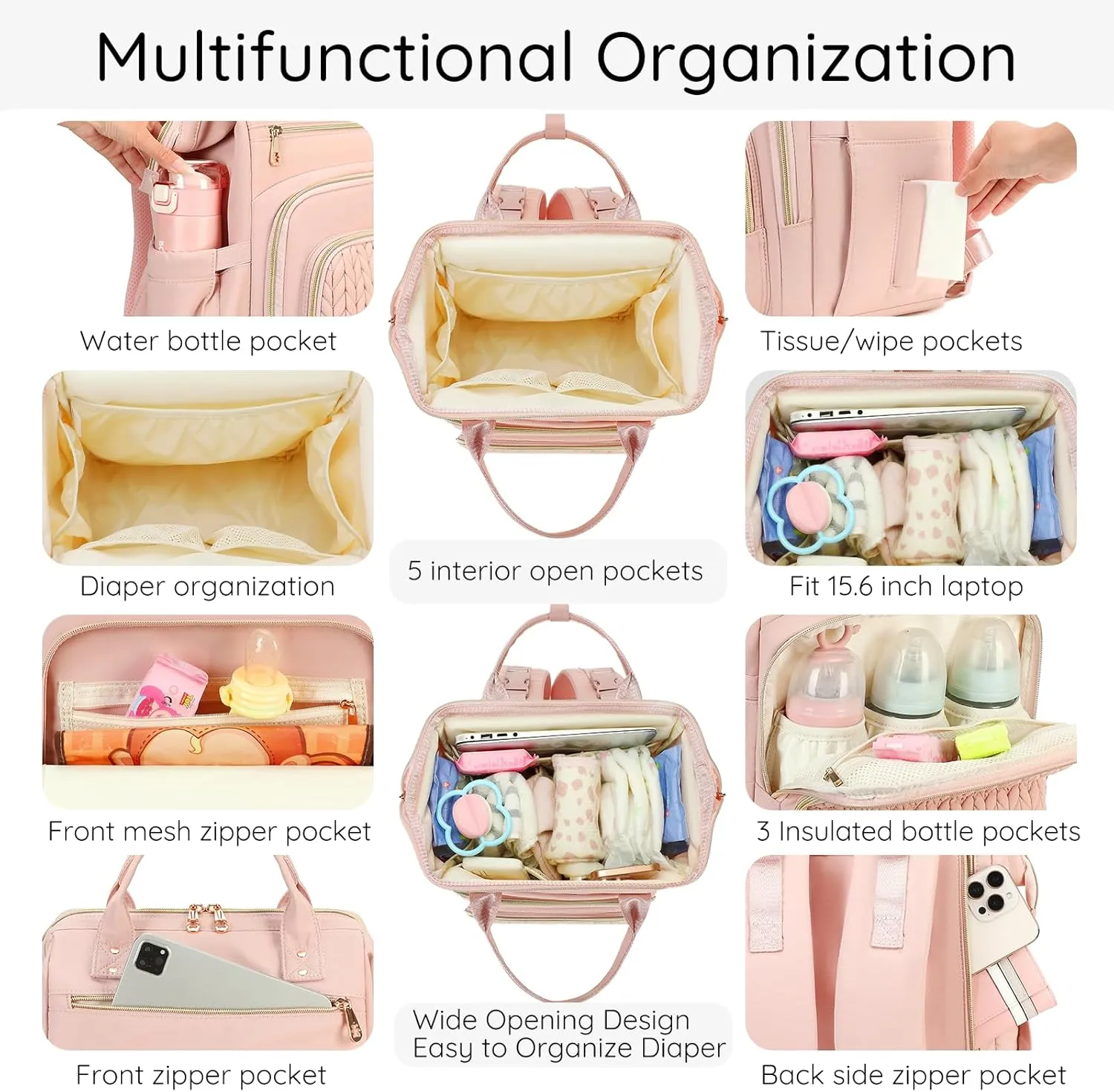 AIJIEKE Diaper Bag, Large Wide-Open Baby Diaper Backpack, Multi-functional Baby Travel Tote Bag, Diaper Bag with Changing Pad, Diaper Bags for Mom & Maternity (Pink)