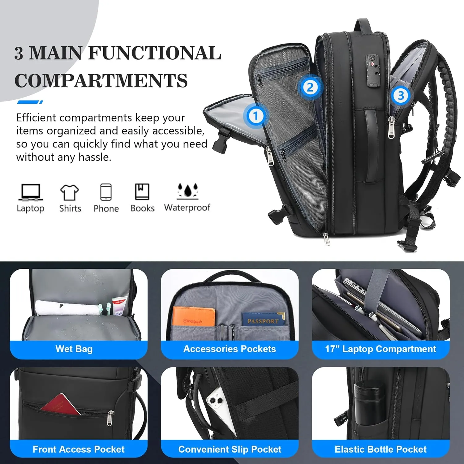 Airback Vacuum Seal Compression Travel Backpack 60L Expandable, Vacpack Spacevac Backpack Water Resistant TSA Lock Airbag without Vacuum Pump, Black