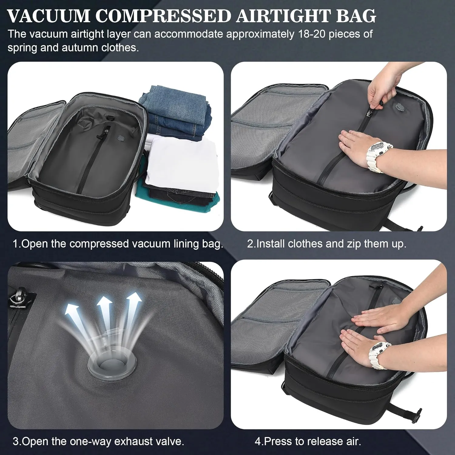 Airback Vacuum Seal Compression Travel Backpack 60L Expandable, Vacpack Spacevac Backpack Water Resistant TSA Lock Airbag without Vacuum Pump, Black