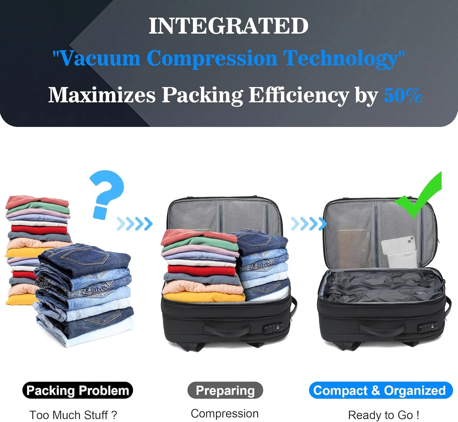 Airback Vacuum Seal Compression Travel Backpack 60L Expandable, Vacpack Spacevac Backpack Water Resistant TSA Lock Airbag without Vacuum Pump, Black