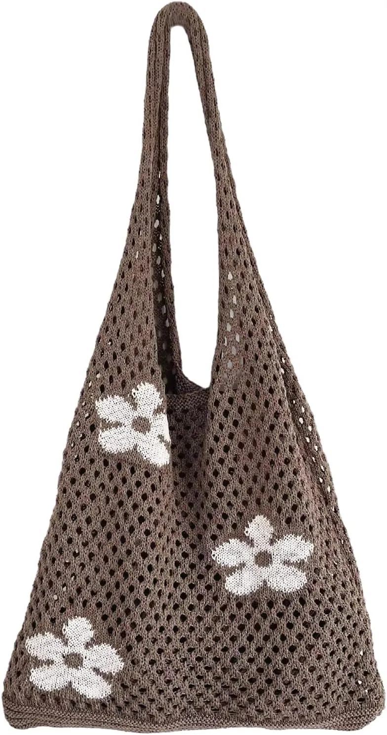 AIYUENCICI Crochet Tote, Fairy Hobo for Women - Y2k Purse, Knitted Shoulder Bag for Girls - Mesh Beach Bags