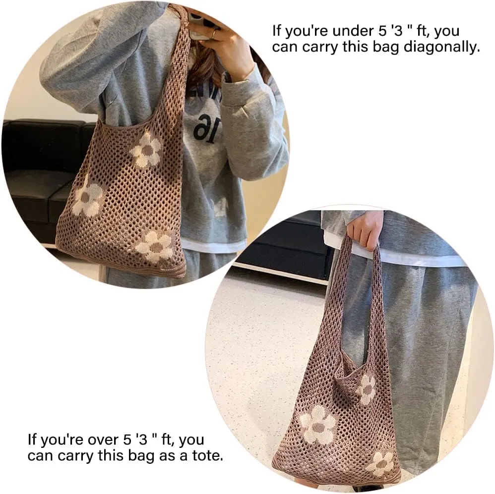 AIYUENCICI Crochet Tote, Fairy Hobo for Women - Y2k Purse, Knitted Shoulder Bag for Girls - Mesh Beach Bags