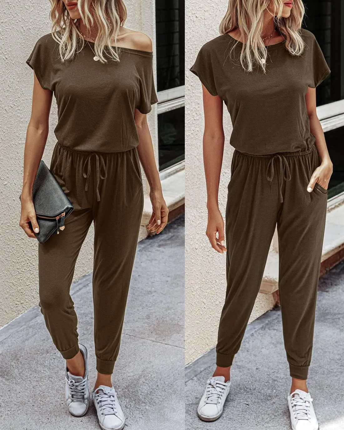 Alelly Women's Loose Fit Off Shoulder Elastic Waist Beam Foot Jumpsuit Rompers with Pockets