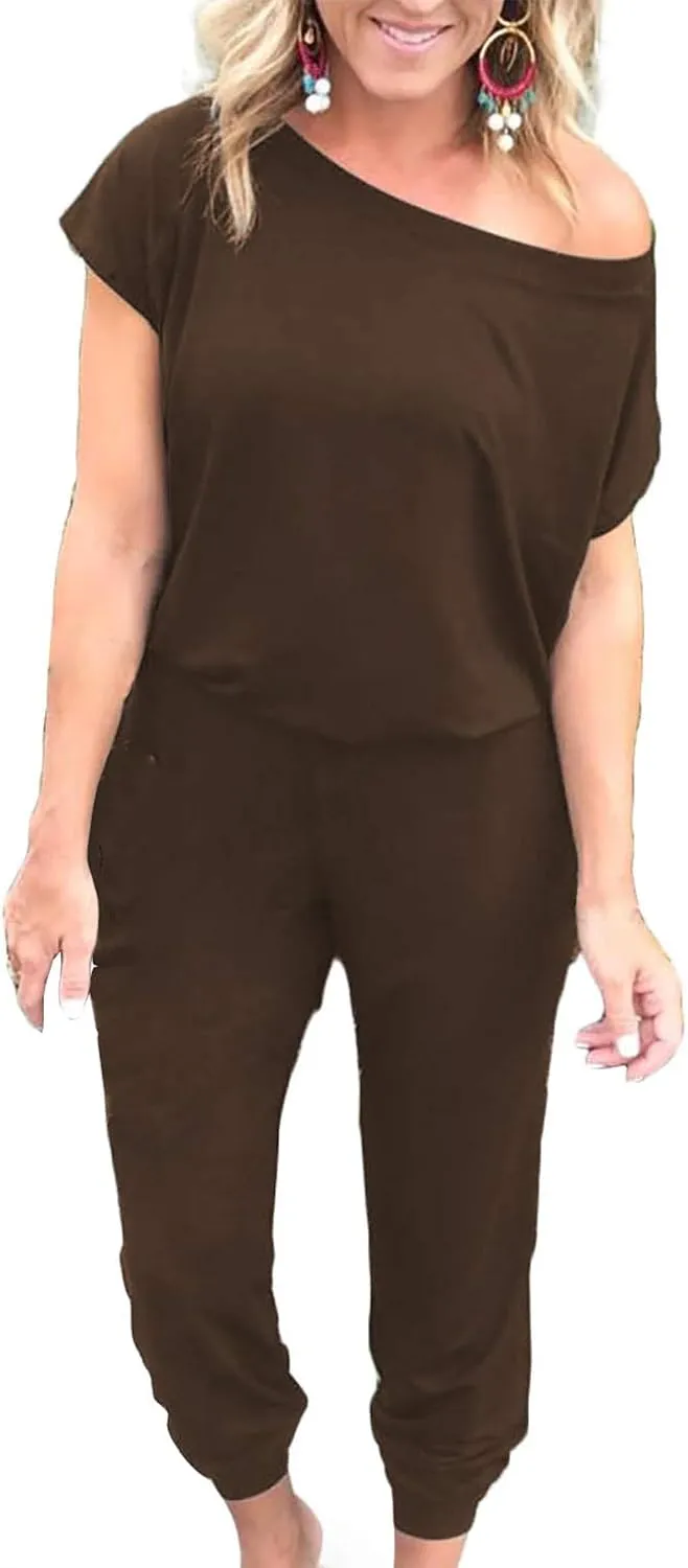 Alelly Women's Loose Fit Off Shoulder Elastic Waist Beam Foot Jumpsuit Rompers with Pockets