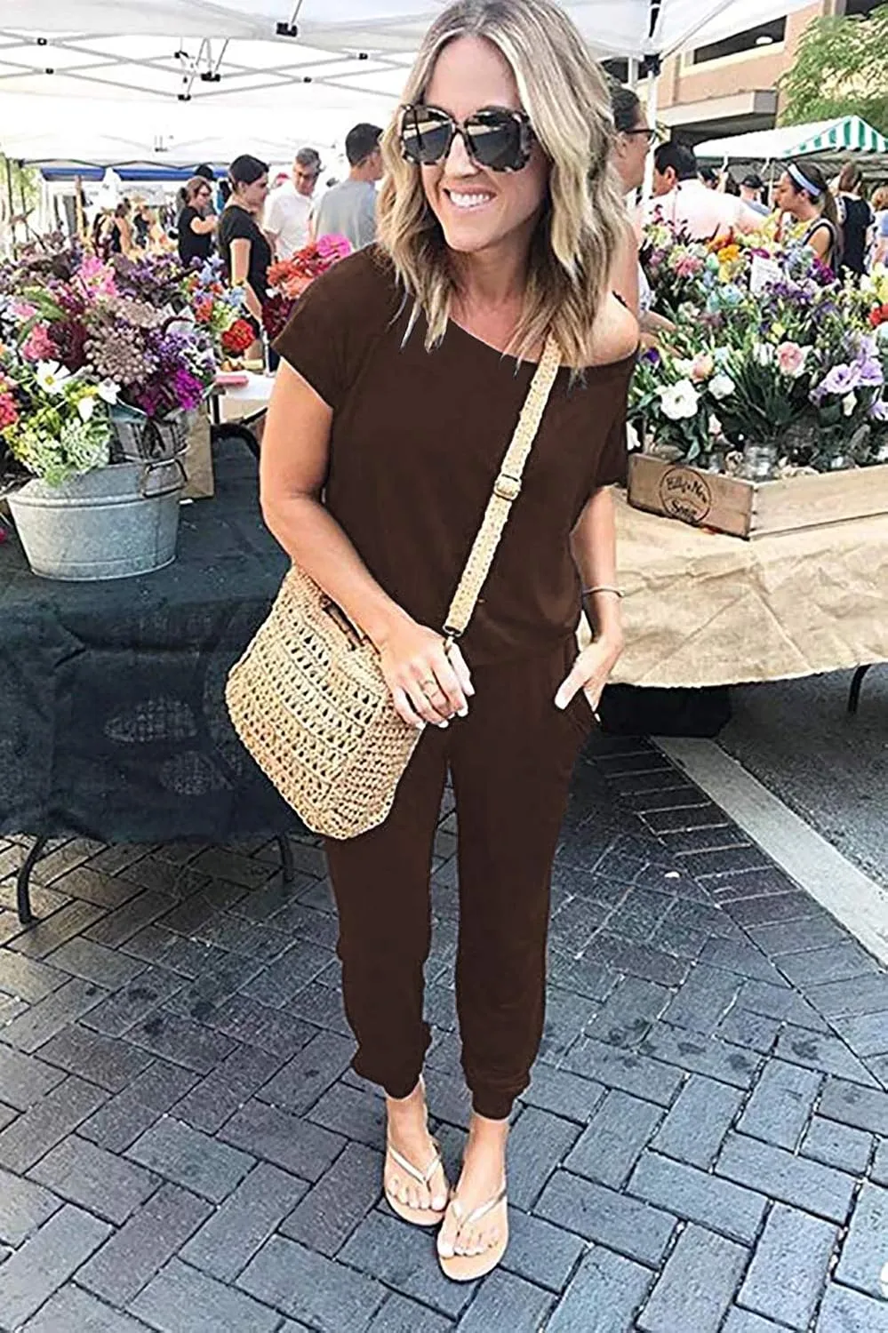 Alelly Women's Loose Fit Off Shoulder Elastic Waist Beam Foot Jumpsuit Rompers with Pockets