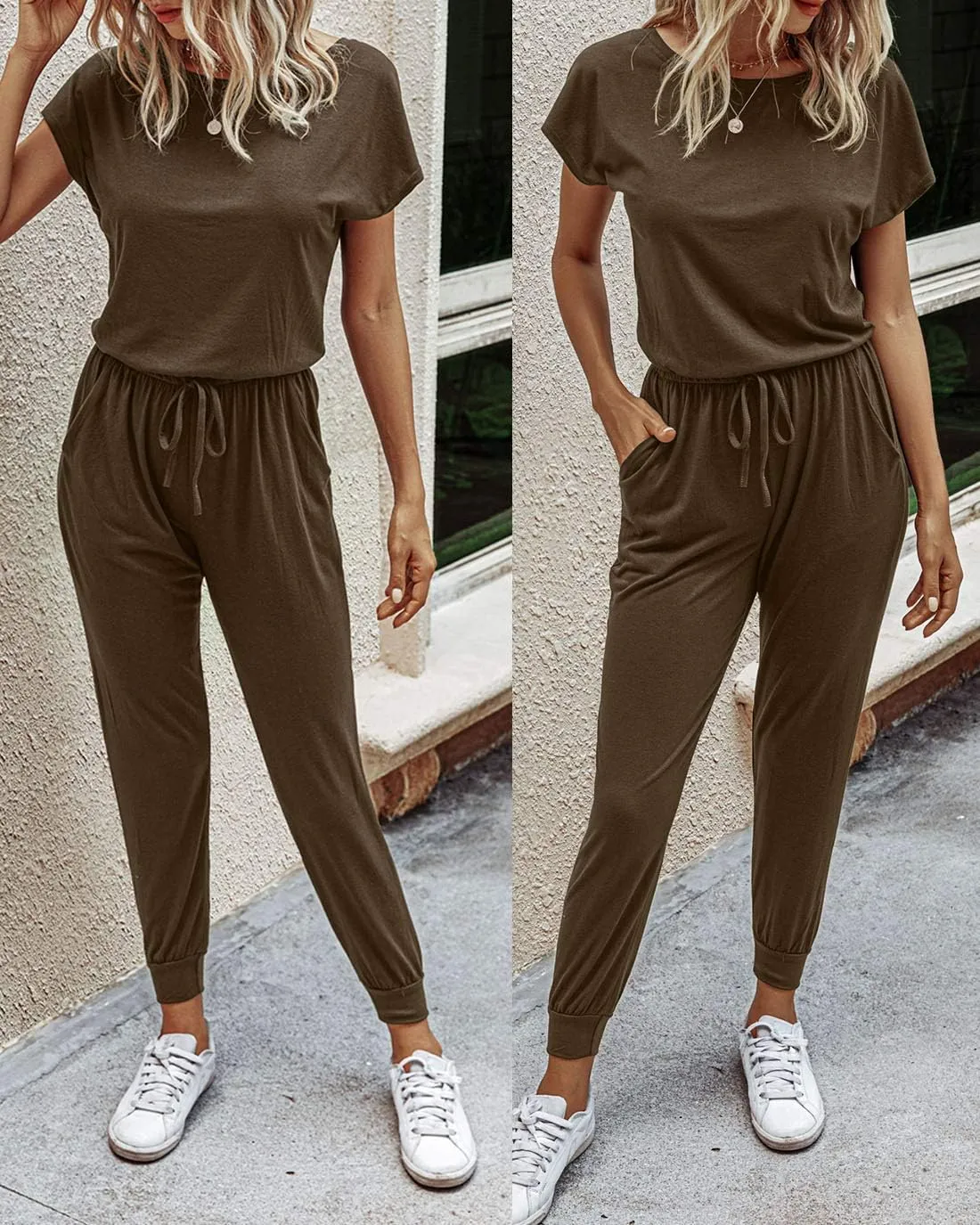 Alelly Women's Loose Fit Off Shoulder Elastic Waist Beam Foot Jumpsuit Rompers with Pockets