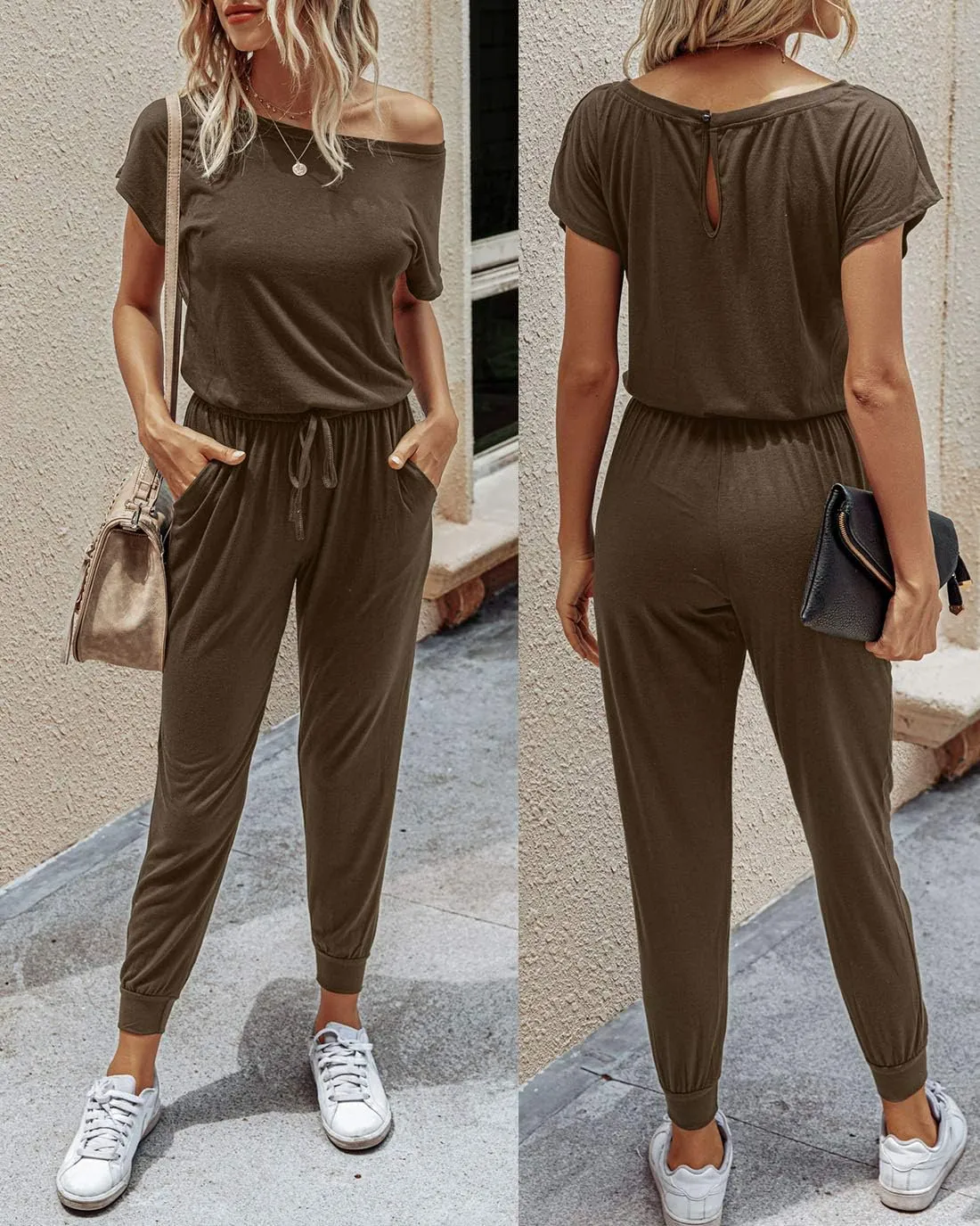 Alelly Women's Loose Fit Off Shoulder Elastic Waist Beam Foot Jumpsuit Rompers with Pockets