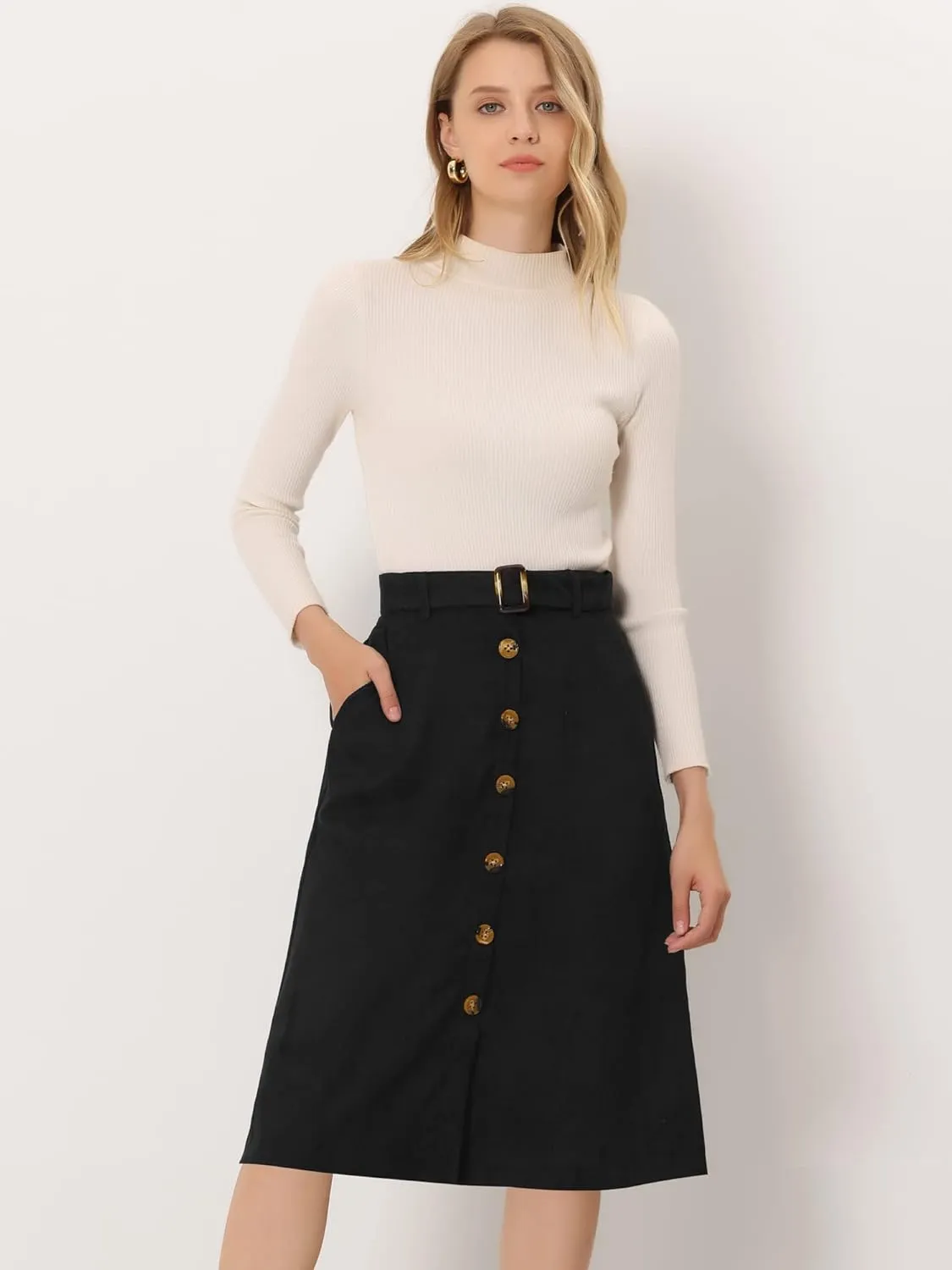 Allegra K Women's High Waist Button Front A-Line Belted Corduroy Midi Skirt