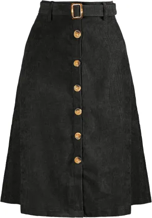 Allegra K Women's High Waist Button Front A-Line Belted Corduroy Midi Skirt
