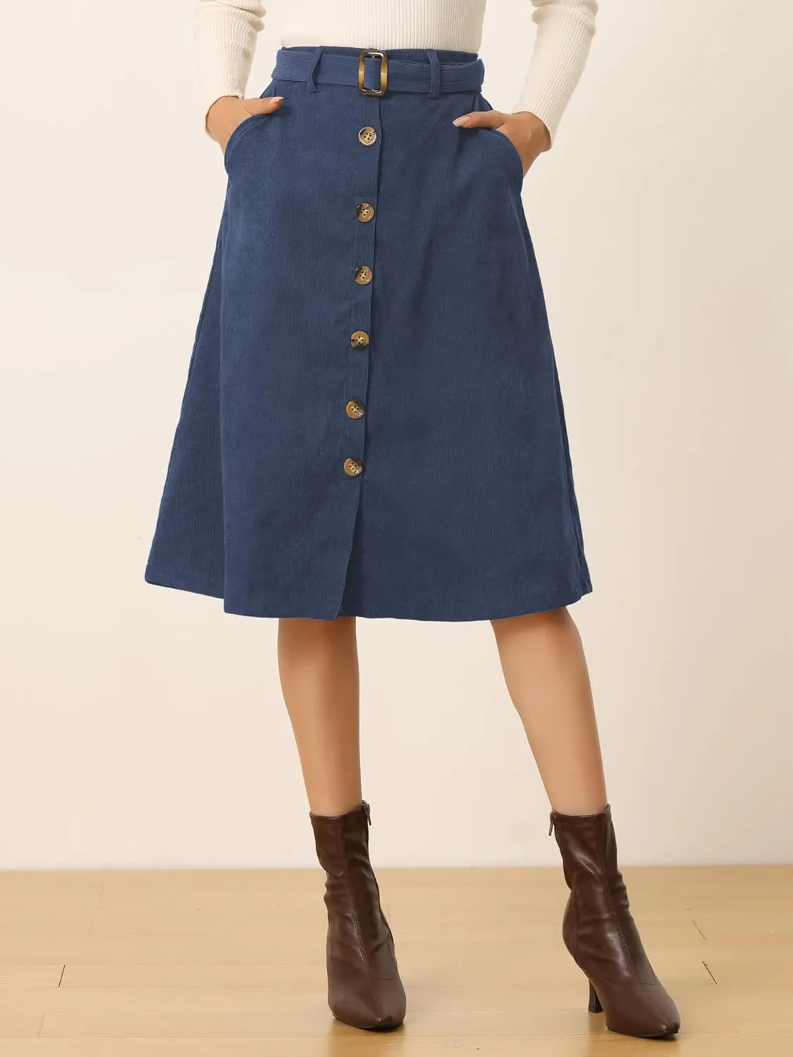 Allegra K Women's High Waist Button Front A-Line Belted Corduroy Midi Skirt