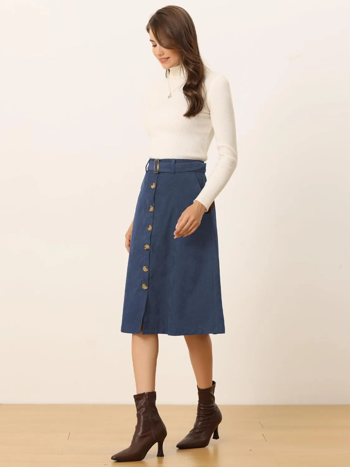 Allegra K Women's High Waist Button Front A-Line Belted Corduroy Midi Skirt