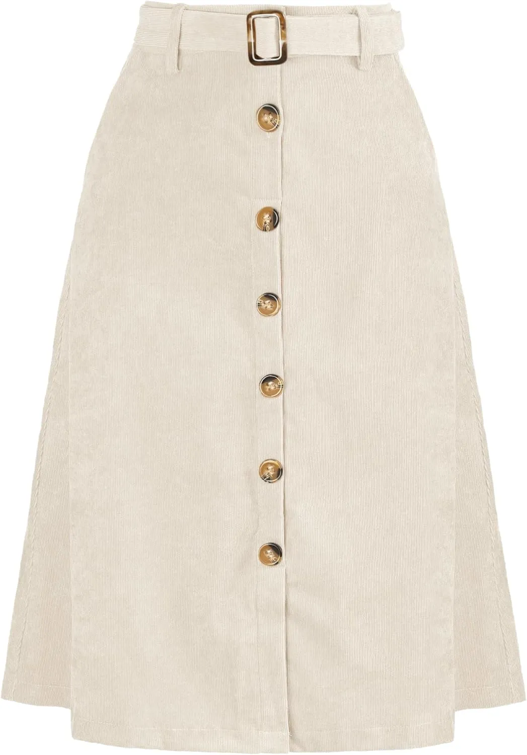 Allegra K Women's High Waist Button Front A-Line Belted Corduroy Midi Skirt