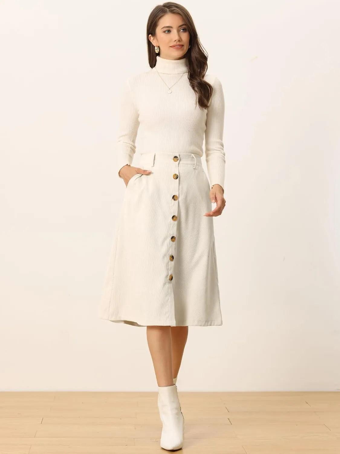 Allegra K Women's High Waist Button Front A-Line Belted Corduroy Midi Skirt