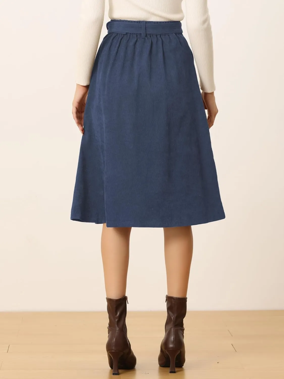 Allegra K Women's High Waist Button Front A-Line Belted Corduroy Midi Skirt