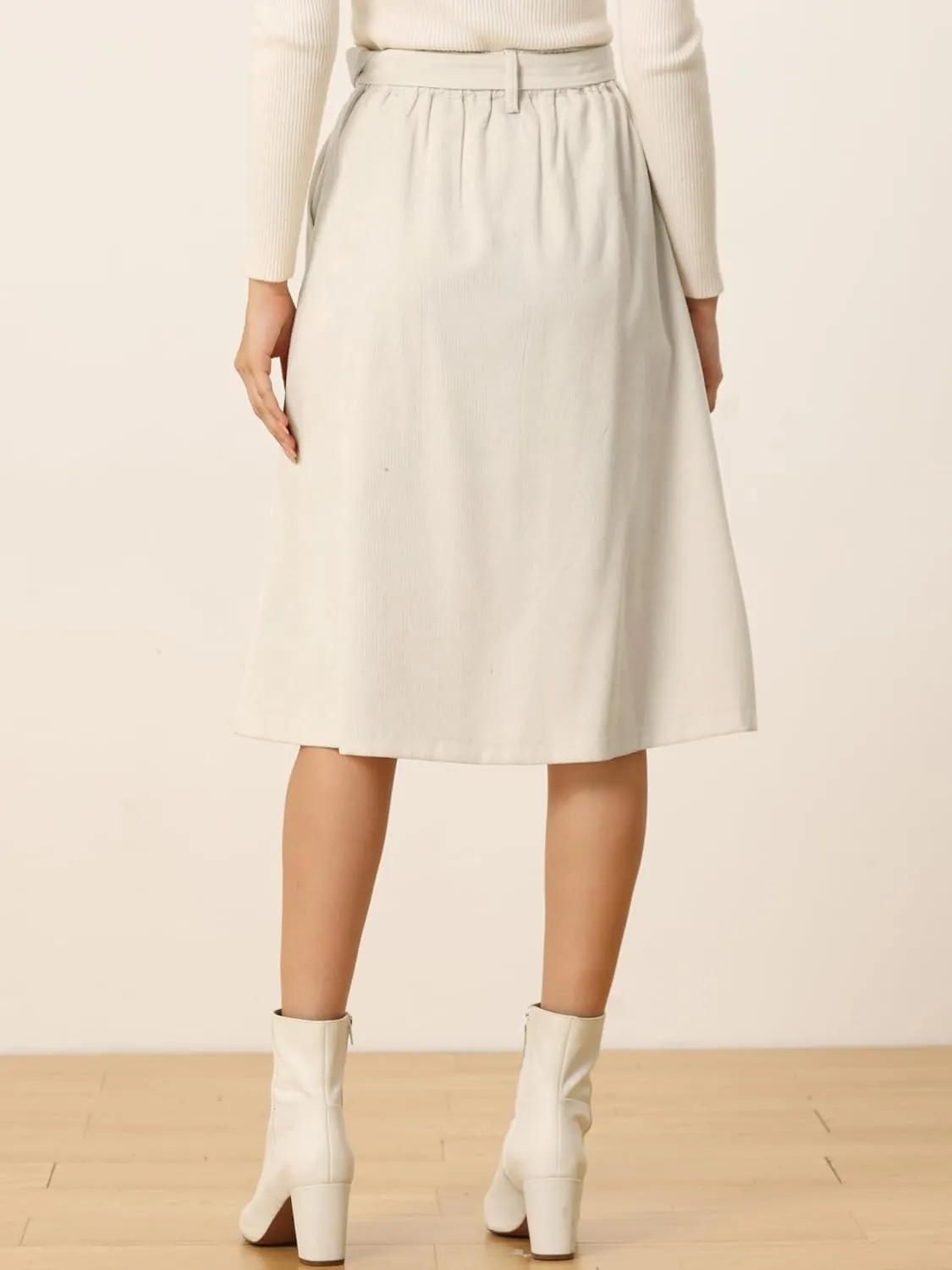 Allegra K Women's High Waist Button Front A-Line Belted Corduroy Midi Skirt