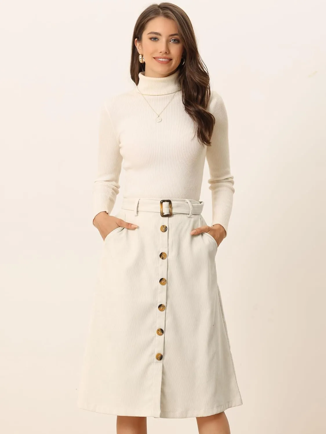 Allegra K Women's High Waist Button Front A-Line Belted Corduroy Midi Skirt