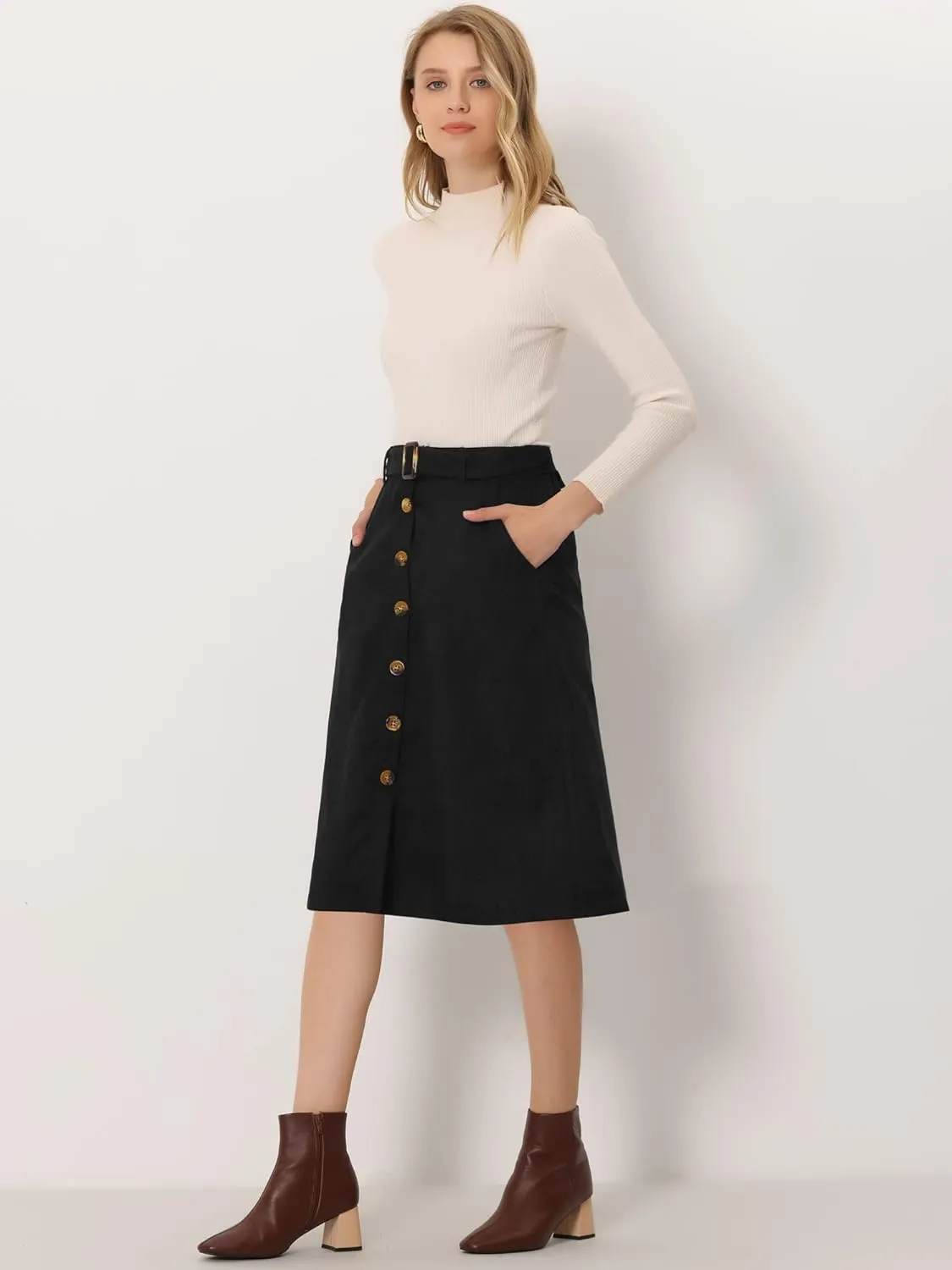 Allegra K Women's High Waist Button Front A-Line Belted Corduroy Midi Skirt
