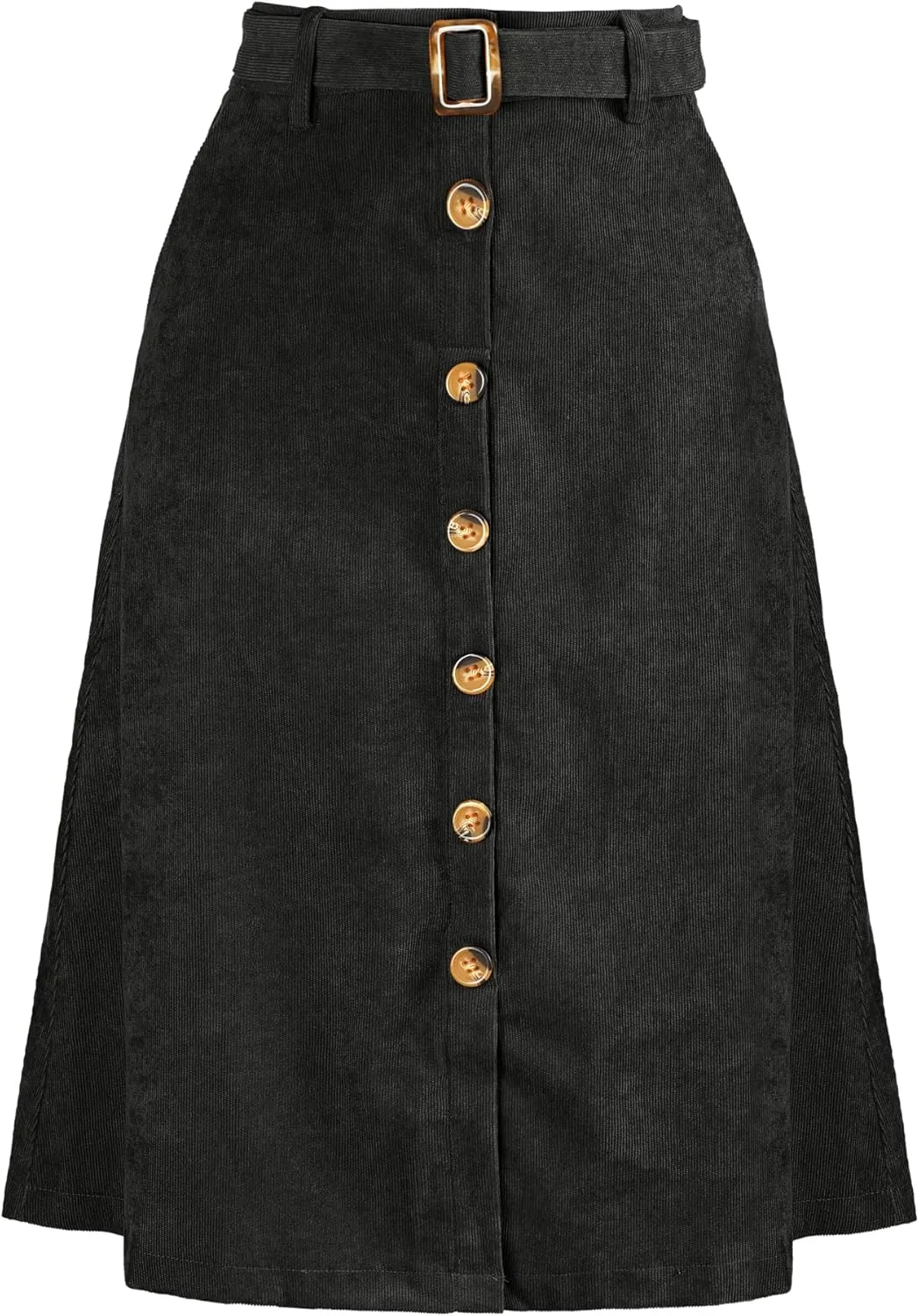 Allegra K Women's High Waist Button Front A-Line Belted Corduroy Midi Skirt