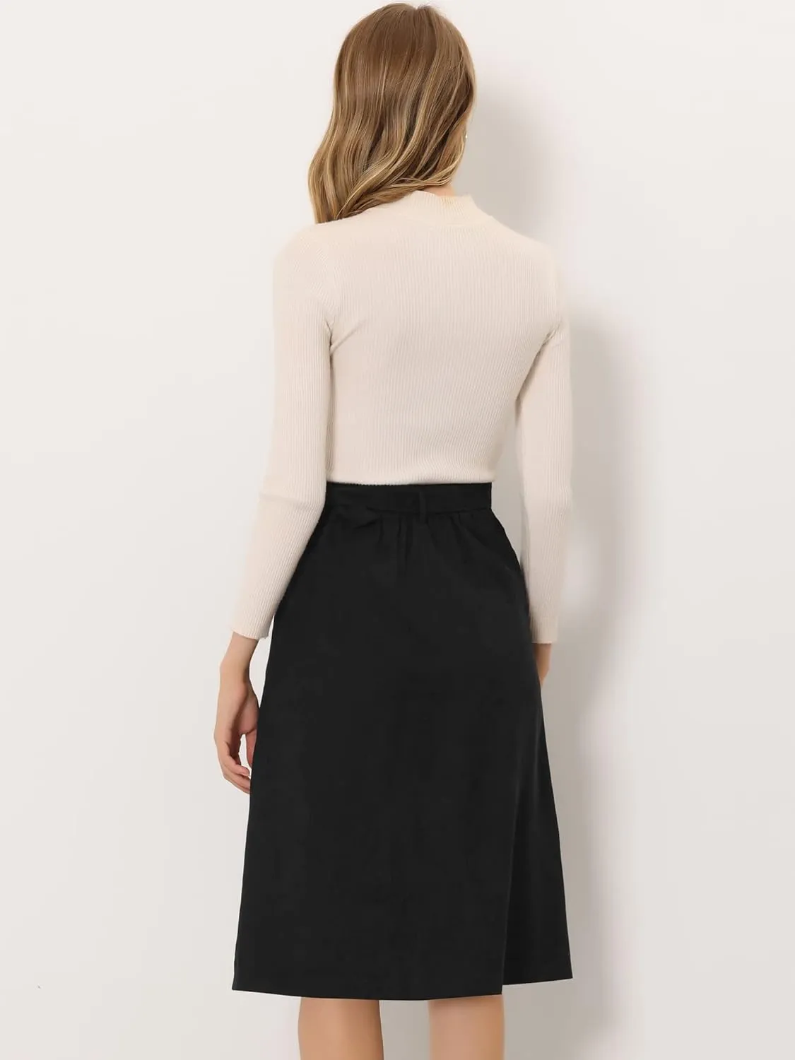 Allegra K Women's High Waist Button Front A-Line Belted Corduroy Midi Skirt
