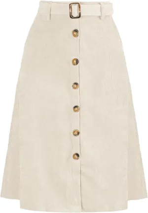 Allegra K Women's High Waist Button Front A-Line Belted Corduroy Midi Skirt