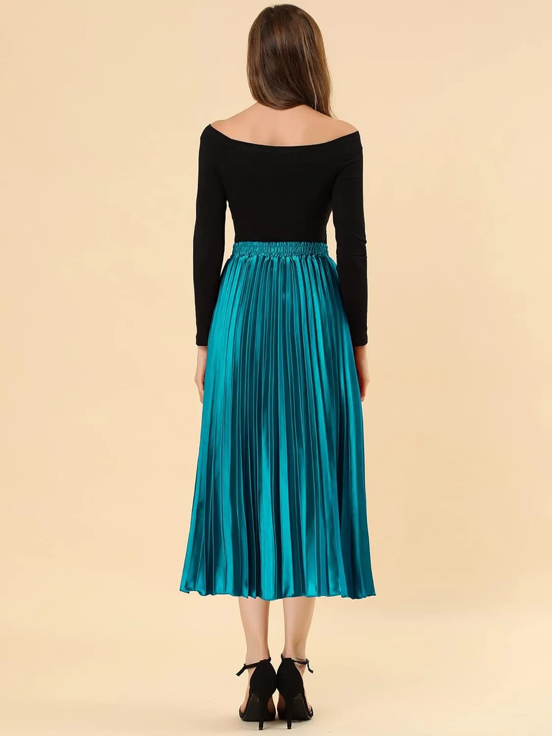 Allegra K Women's Pleated Midi Skirt Elastic Waist Metallic Shiny Accordion Party Skirts