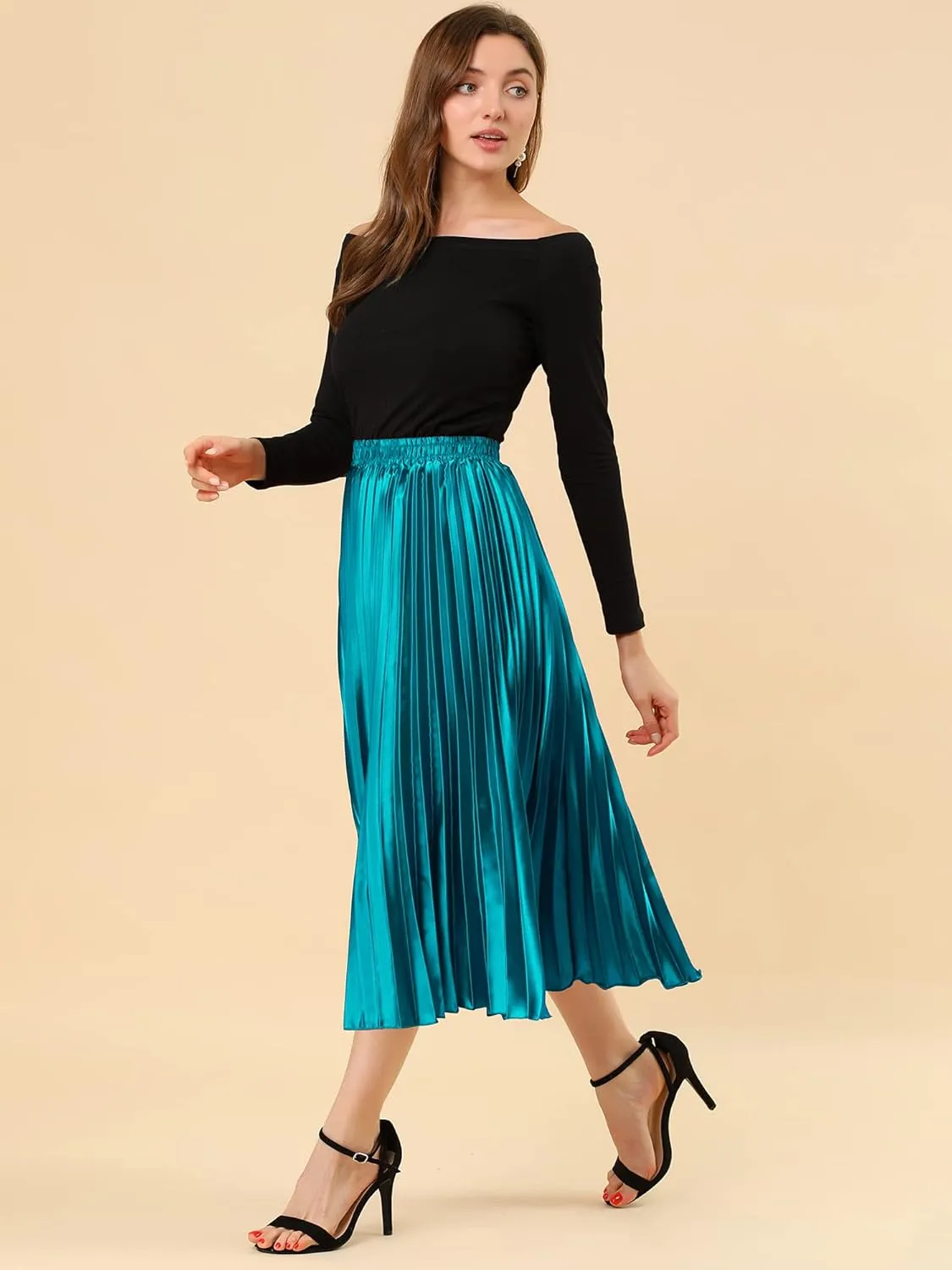Allegra K Women's Pleated Midi Skirt Elastic Waist Metallic Shiny Accordion Party Skirts