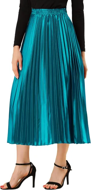 Allegra K Women's Pleated Midi Skirt Elastic Waist Metallic Shiny Accordion Party Skirts
