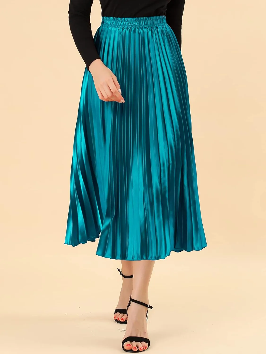 Allegra K Women's Pleated Midi Skirt Elastic Waist Metallic Shiny Accordion Party Skirts