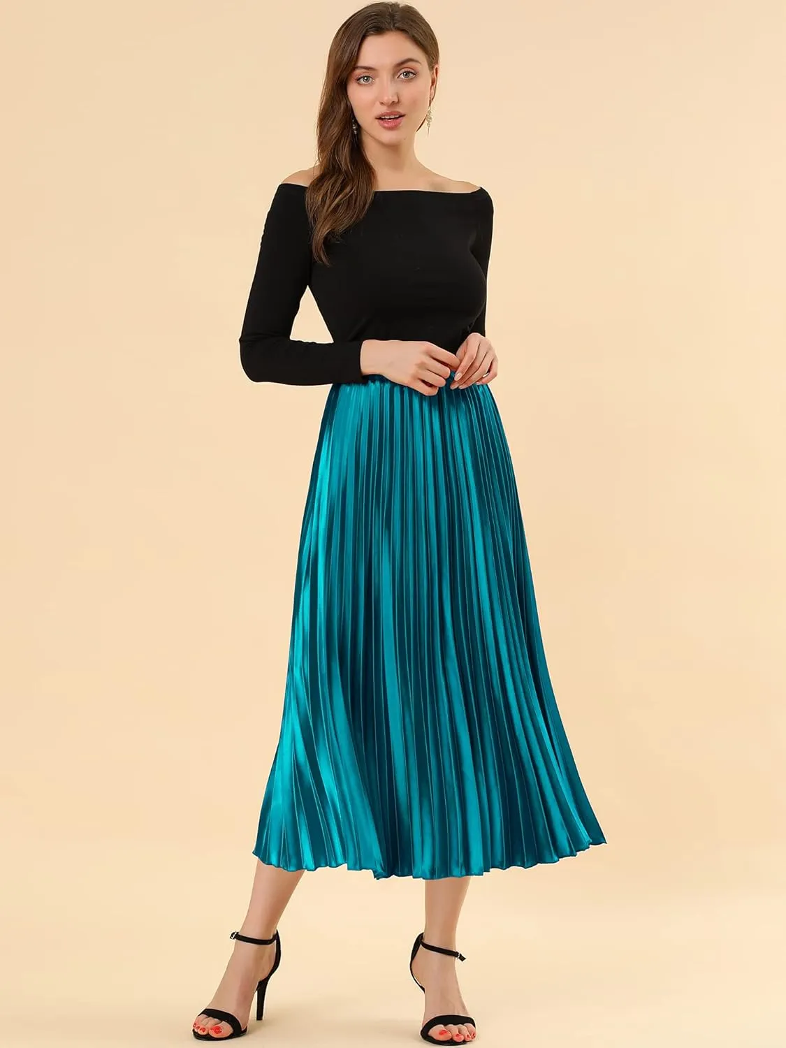 Allegra K Women's Pleated Midi Skirt Elastic Waist Metallic Shiny Accordion Party Skirts
