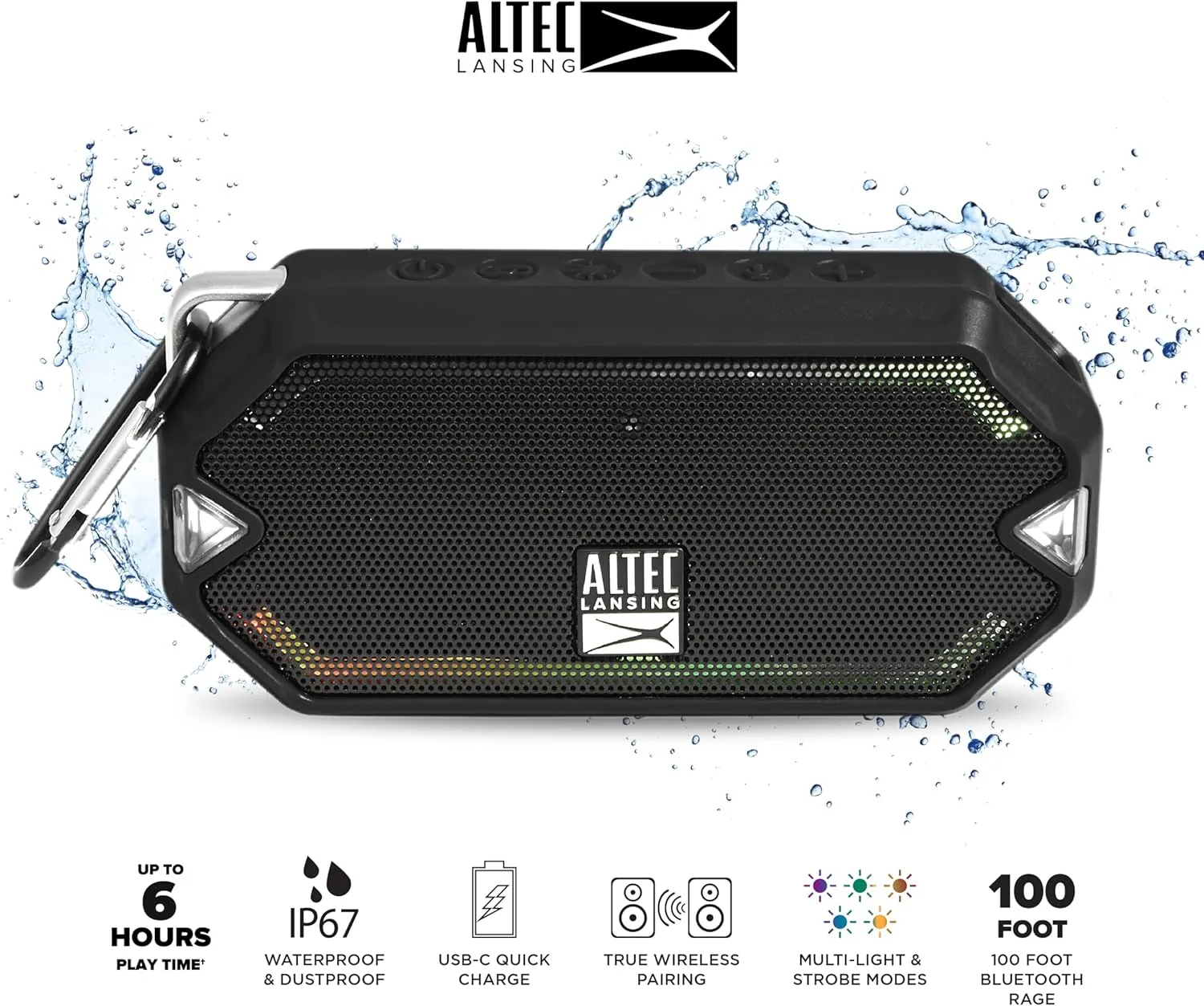 Altec Lansing - HydraMini Wireless Bluetooth Speaker, IP67 Waterproof USB C Rechargeable Battery with 6 Hours Playtime, Compact, Shockproof, Snowproof, Everything Proof (Black)