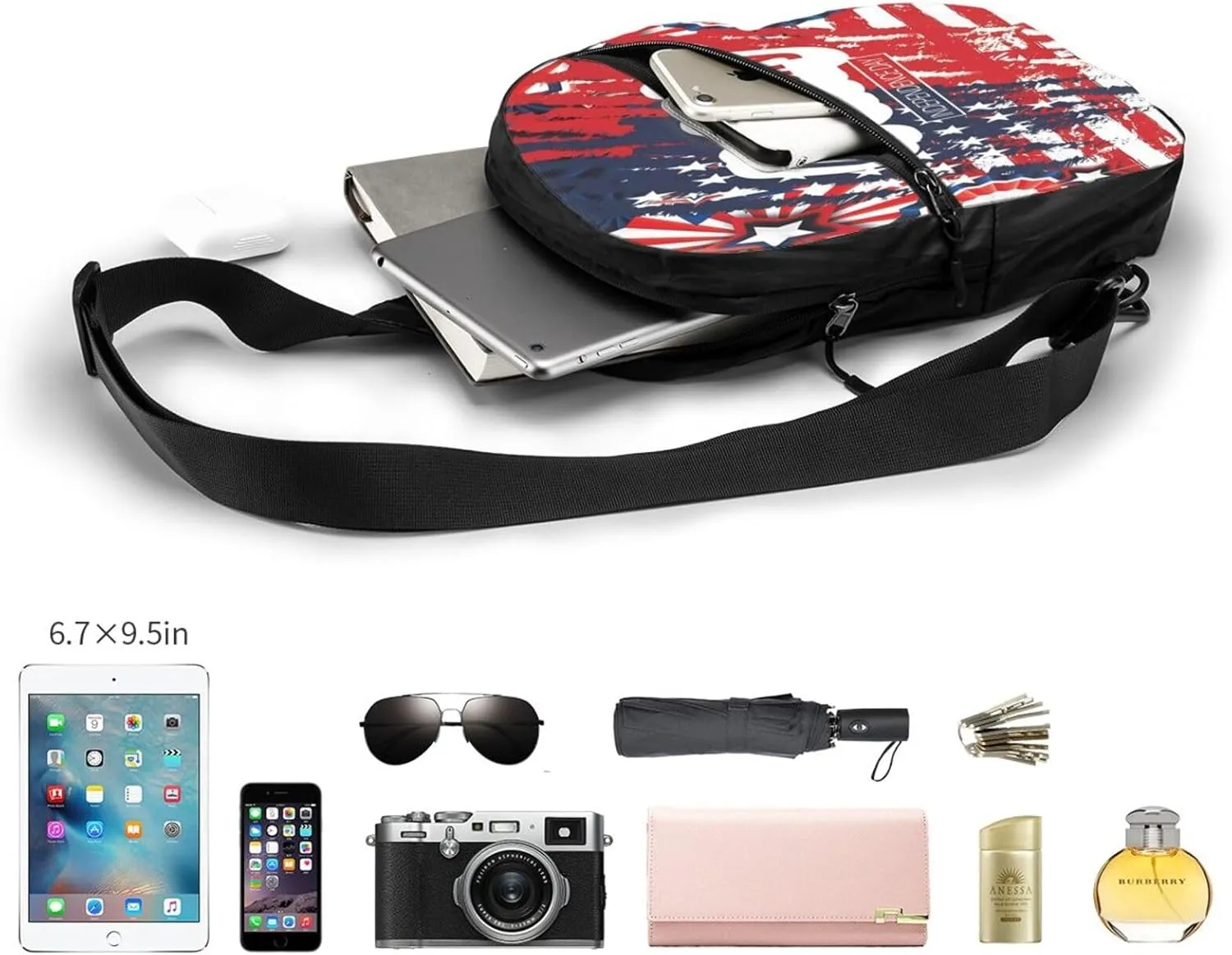 American Flag Portable Sling Bags Packable Crossbody Bag Foldable Sport Daypack Reusable Shoulder Backpack Diagonally Chest Bag for Workout Travel