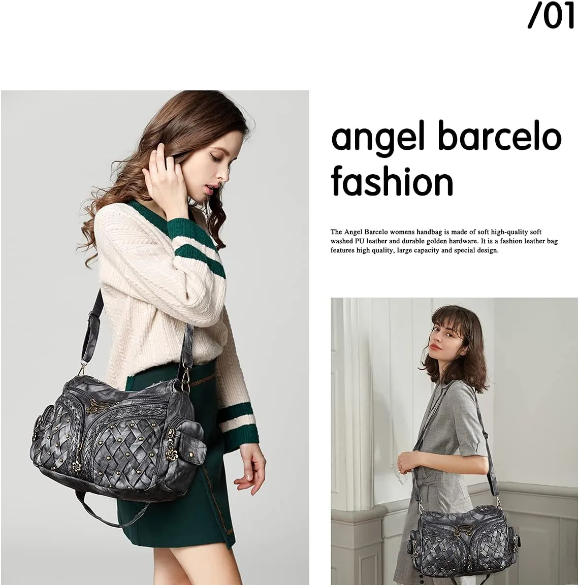Angel Barcelo Purses and Handbags Women Tote Shoulder Top Handle Satchel Hobo Bags Fashion Washed PU Leather Purse