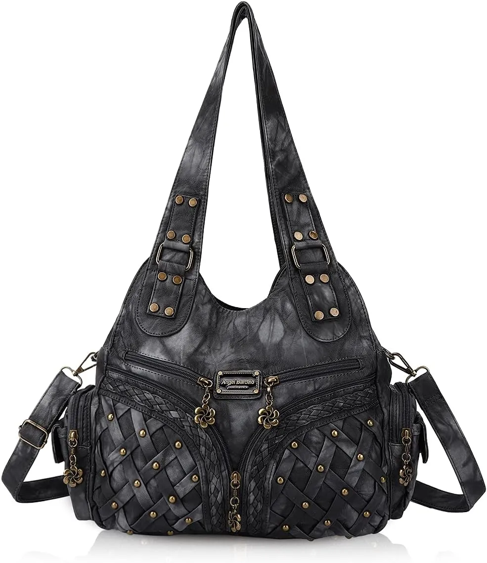 Angel Barcelo Purses and Handbags Women Tote Shoulder Top Handle Satchel Hobo Bags Fashion Washed PU Leather Purse
