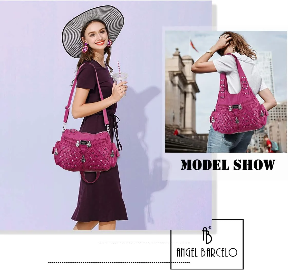 Angel Barcelo Purses and Handbags Women Tote Shoulder Top Handle Satchel Hobo Bags Fashion Washed PU Leather Purse