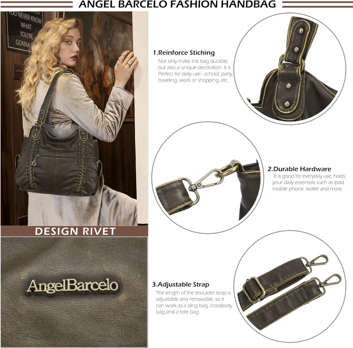 Angel Barcelo Roomy Fashion Hobo Womens Handbags Ladies Purse Satchel Shoulder Bags Tote Washed Leather Bag