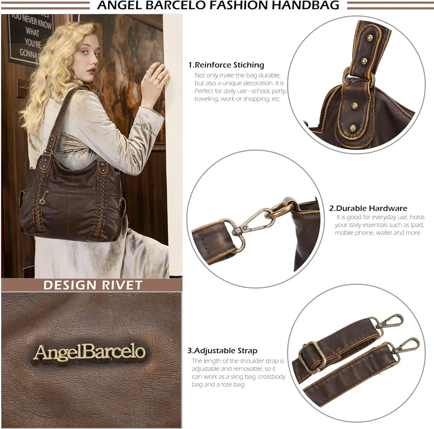 Angel Barcelo Roomy Fashion Hobo Womens Handbags Ladies Purse Satchel Shoulder Bags Tote Washed Leather Bag