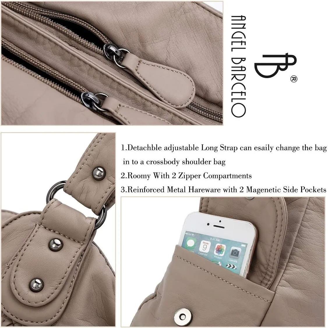 Angel Barcelo Roomy Fashion Hobo Womens Handbags Ladies Purse Satchel Shoulder Bags Tote Washed Leather Bag