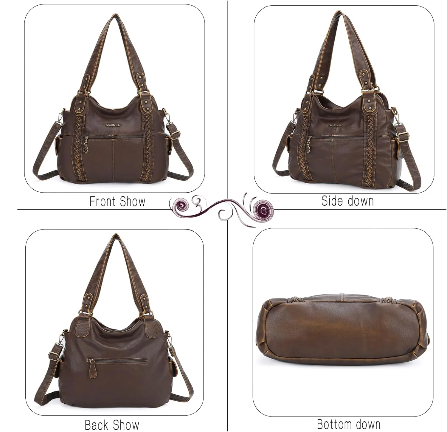 Angel Barcelo Roomy Fashion Hobo Womens Handbags Ladies Purse Satchel Shoulder Bags Tote Washed Leather Bag