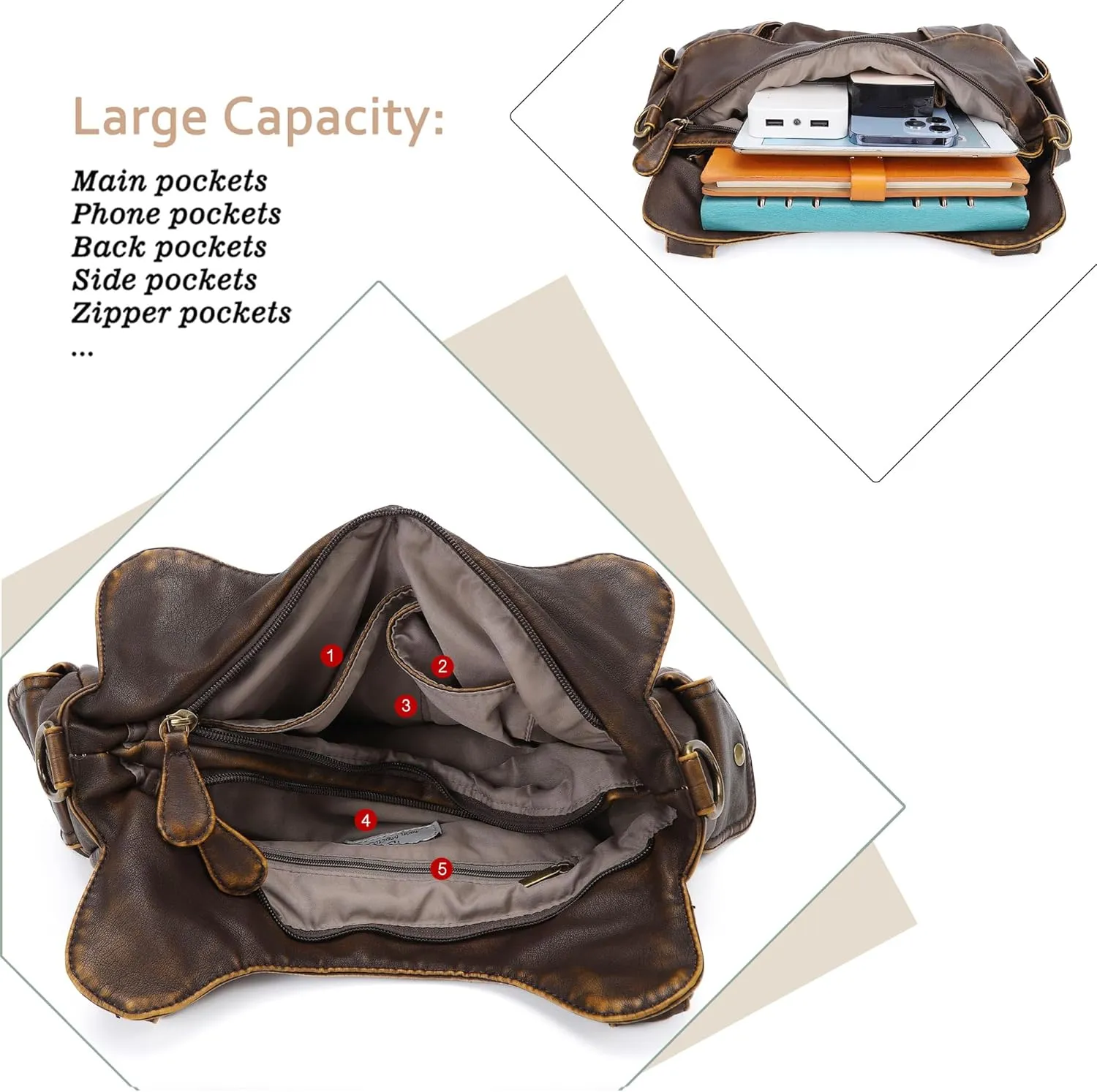 Angel Barcelo Roomy Fashion Hobo Womens Handbags Ladies Purse Satchel Shoulder Bags Tote Washed Leather Bag